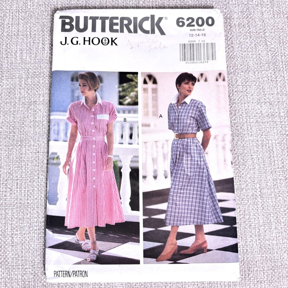 Butterick 6200 Coastal Prep Button Midi Shirt Dress12-16 Euro Summer Parisian